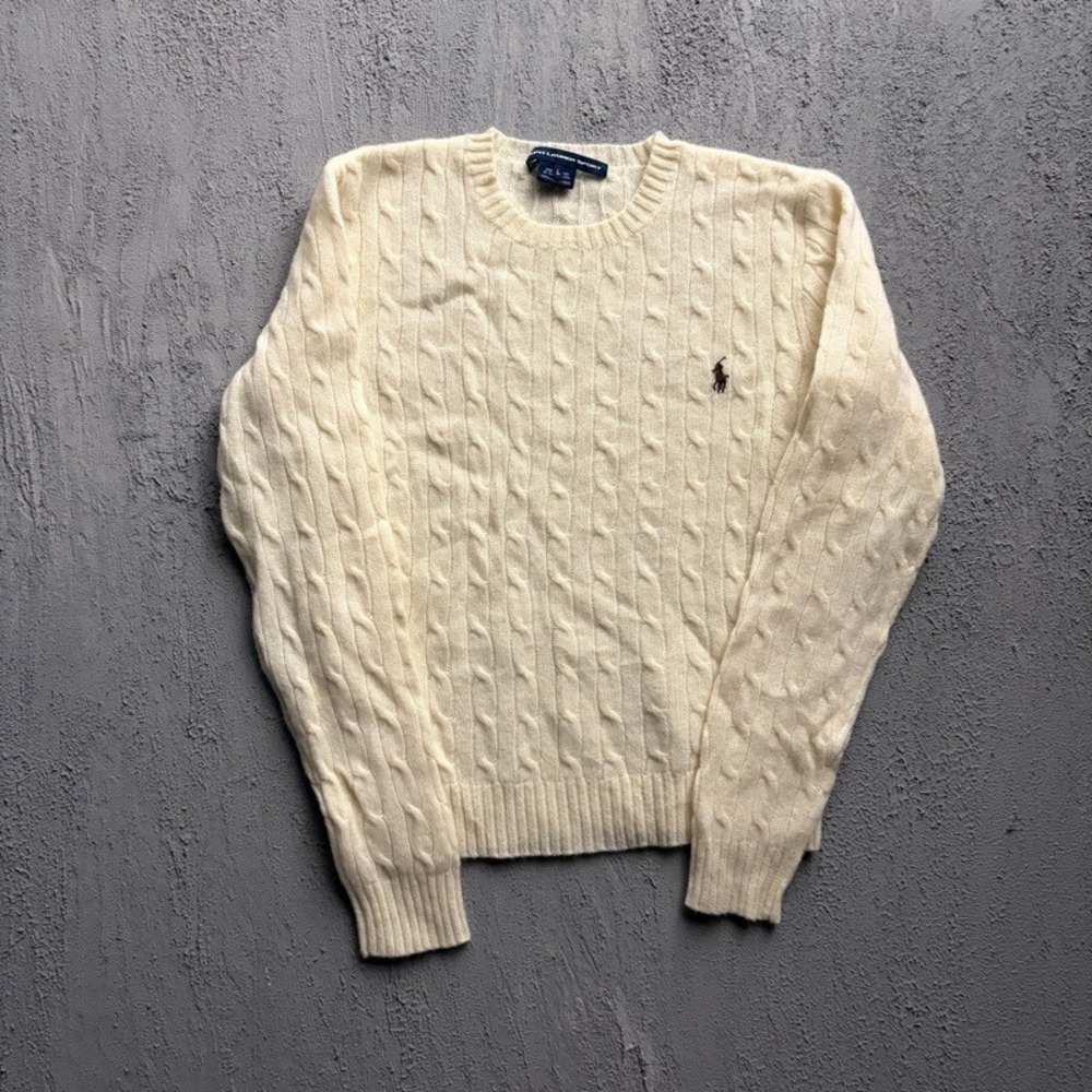 Vintage Ralph Lauren Sport Sweater Large Cream 1990s Cable Knit Lambswool